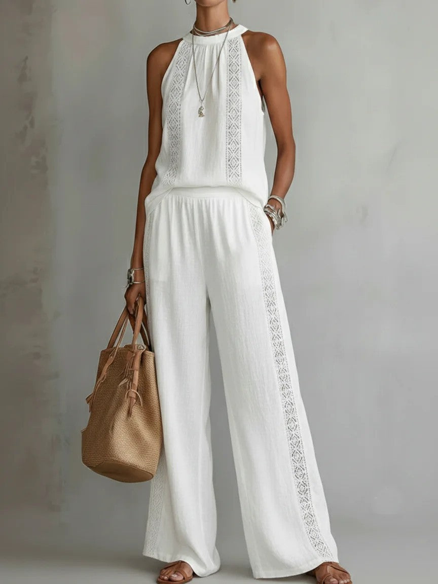 Womens Retro Lace Sleeveless Top And Wide-Leg Pants Two-Piece Set