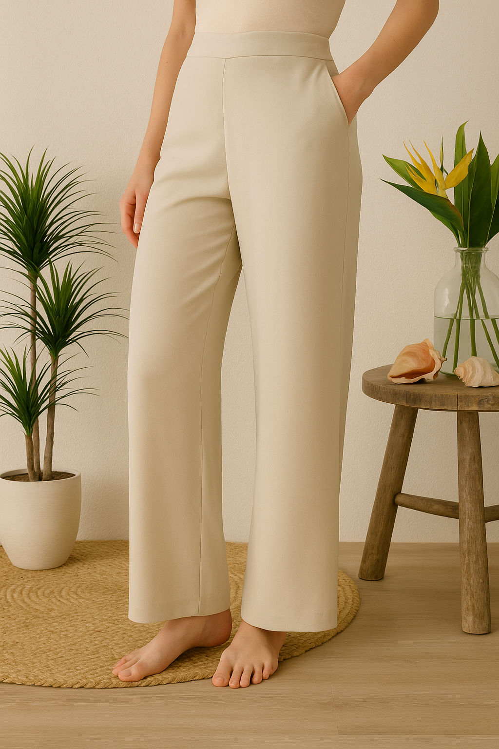 Women’s Solid Khaki High-Waist Trousers – Size L