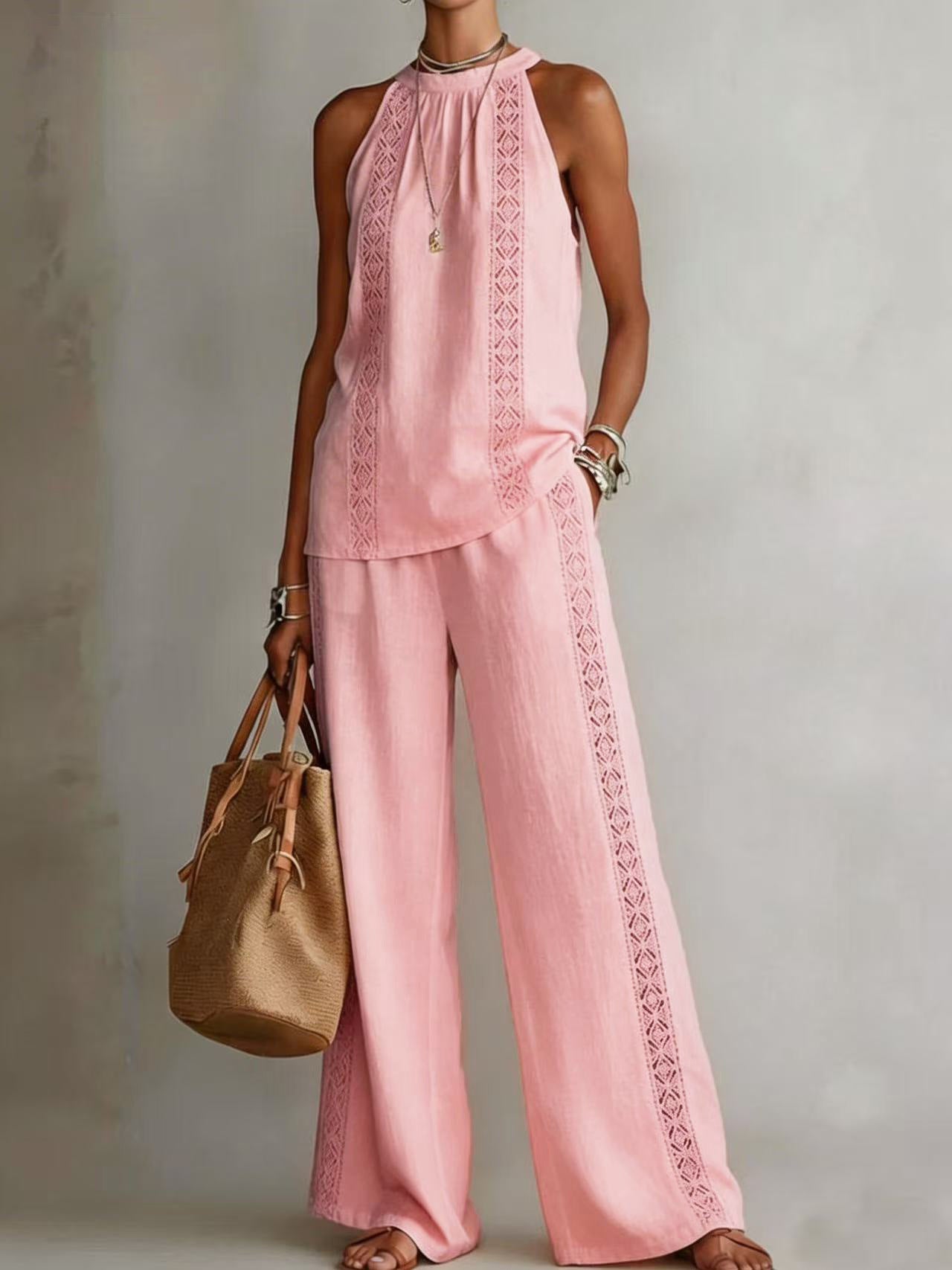 Womens Retro Lace Sleeveless Top And Wide-Leg Pants Two-Piece Set