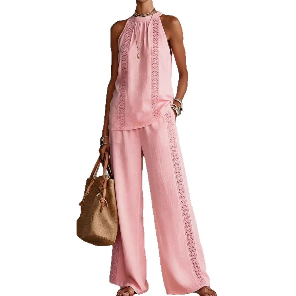 Womens Retro Lace Sleeveless Top And Wide-Leg Pants Two-Piece Set