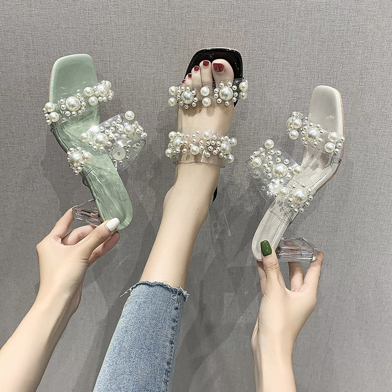Korean Style Crystal Heel High-heel Sandals And Slippers