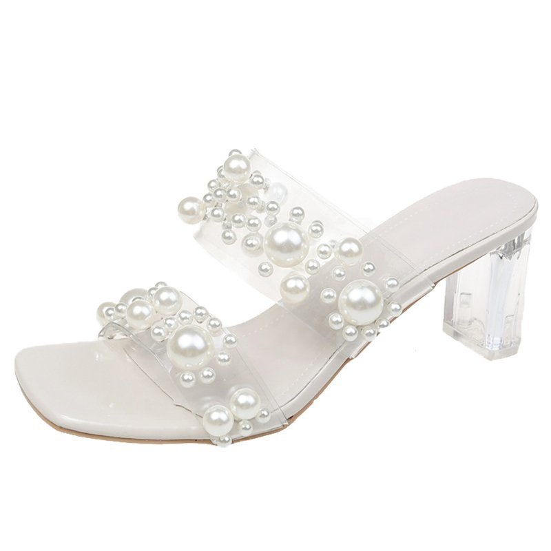Korean Style Crystal Heel High-heel Sandals And Slippers