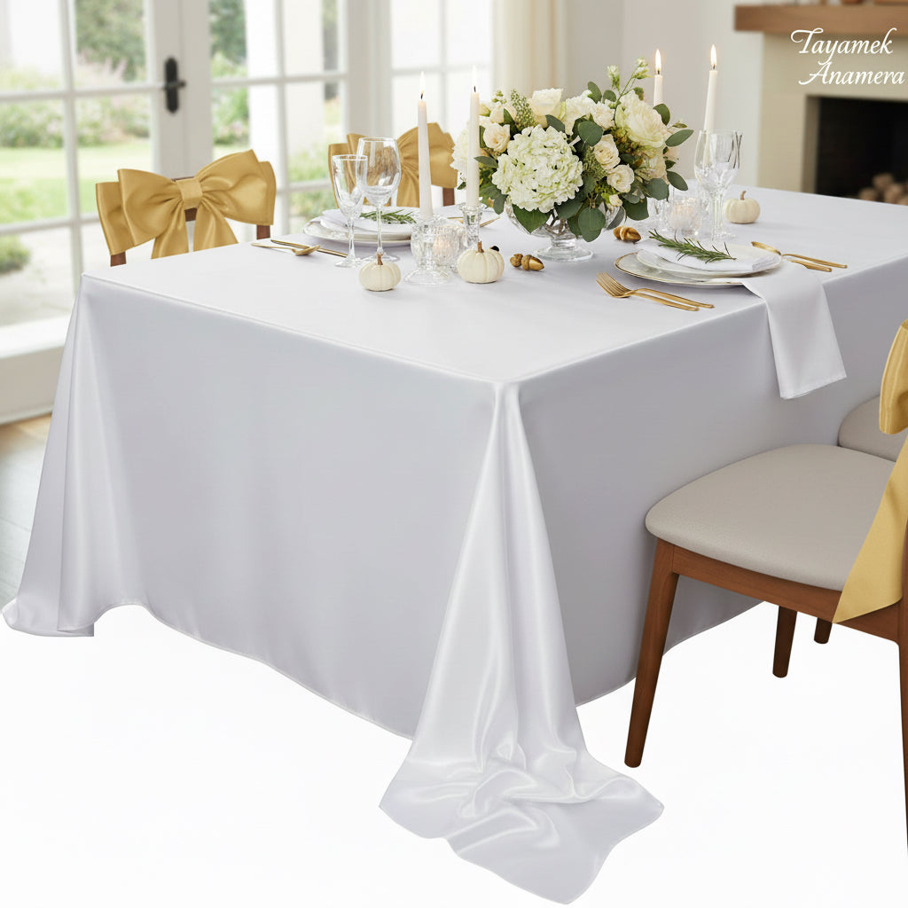 White Satin Tablecloth – 90x156 in Tayamek Anamera - Rental