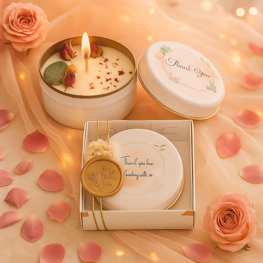 Personalized Wedding Favor Candle Set with Sealed Gift Box – Bulk Soy Wax Candles with Dried Flowers, Custom Name Label – Bridal Shower, Baby Shower, Birthday Guest Gifts (10–200 pcs)