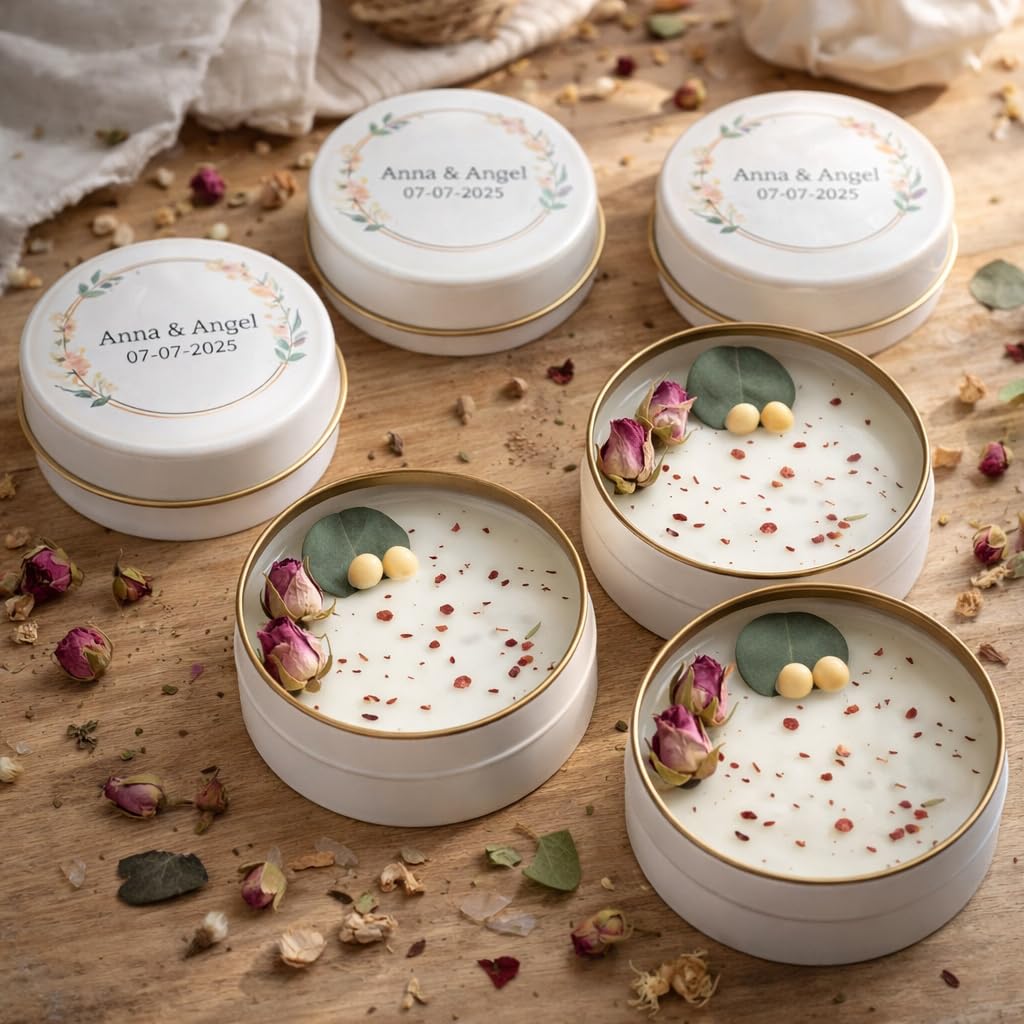 Personalized Wedding Favor Candle Set with Sealed Gift Box – Bulk Soy Wax Candles with Dried Flowers, Custom Name Label – Bridal Shower, Baby Shower, Birthday Guest Gifts (10–200 pcs)