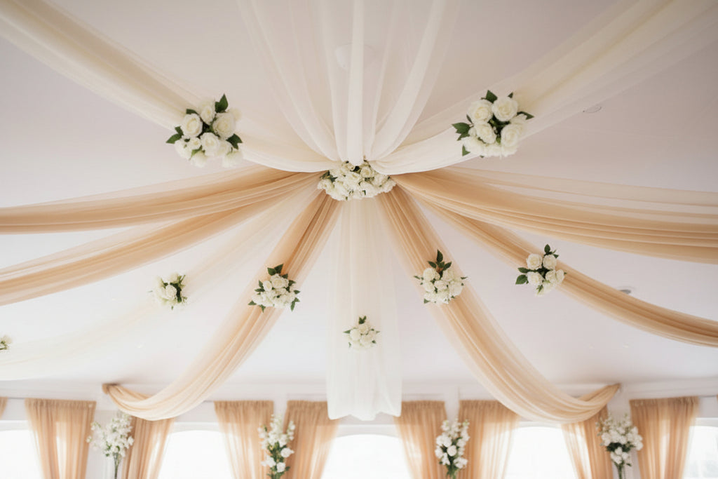 24' Silver Metallic Ceiling Drapes Hanging Kit - 6 Panels | Location Décor