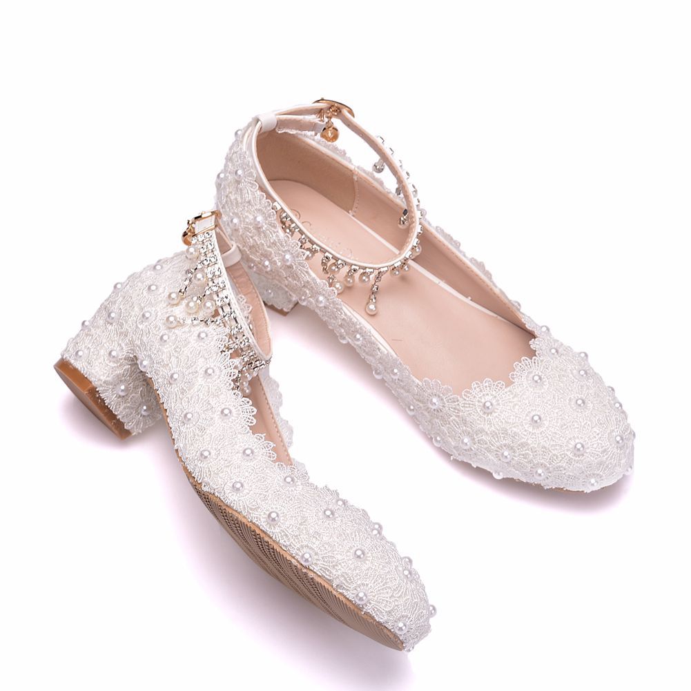 Square Heel Round Toe Pumps With White Lace Wedding Shoes Bridesmaid Shoes