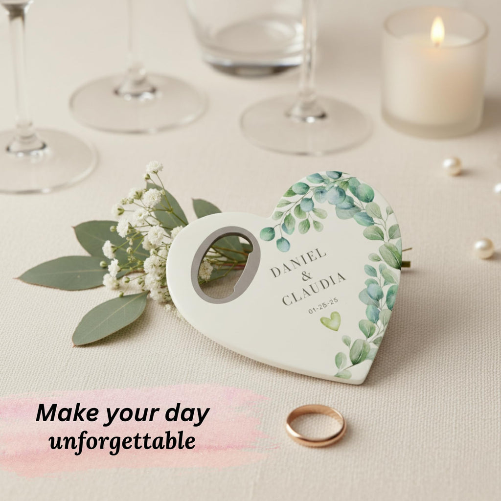 Custom Heart-Shaped Magnet Bottle Opener – Wedding Favor with Thank You Card, Personalized Gift for Guests, Bridal Shower Souvenir with Gift Bag (Pack of 30) (Bottle Opener + Gift Bag)