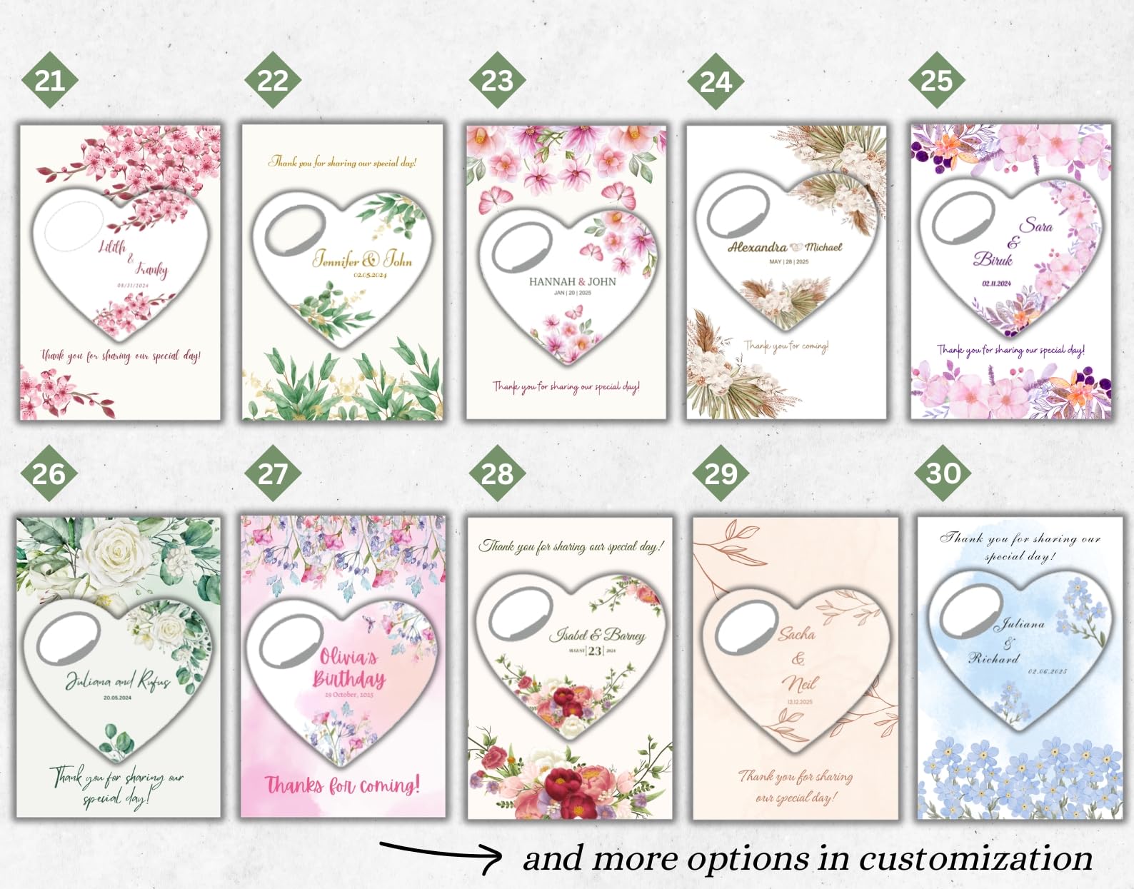 Custom Heart-Shaped Magnet Bottle Opener – Wedding Favor with Thank You Card, Personalized Gift for Guests, Bridal Shower Souvenir with Gift Bag (Pack of 30) (Bottle Opener + Gift Bag)