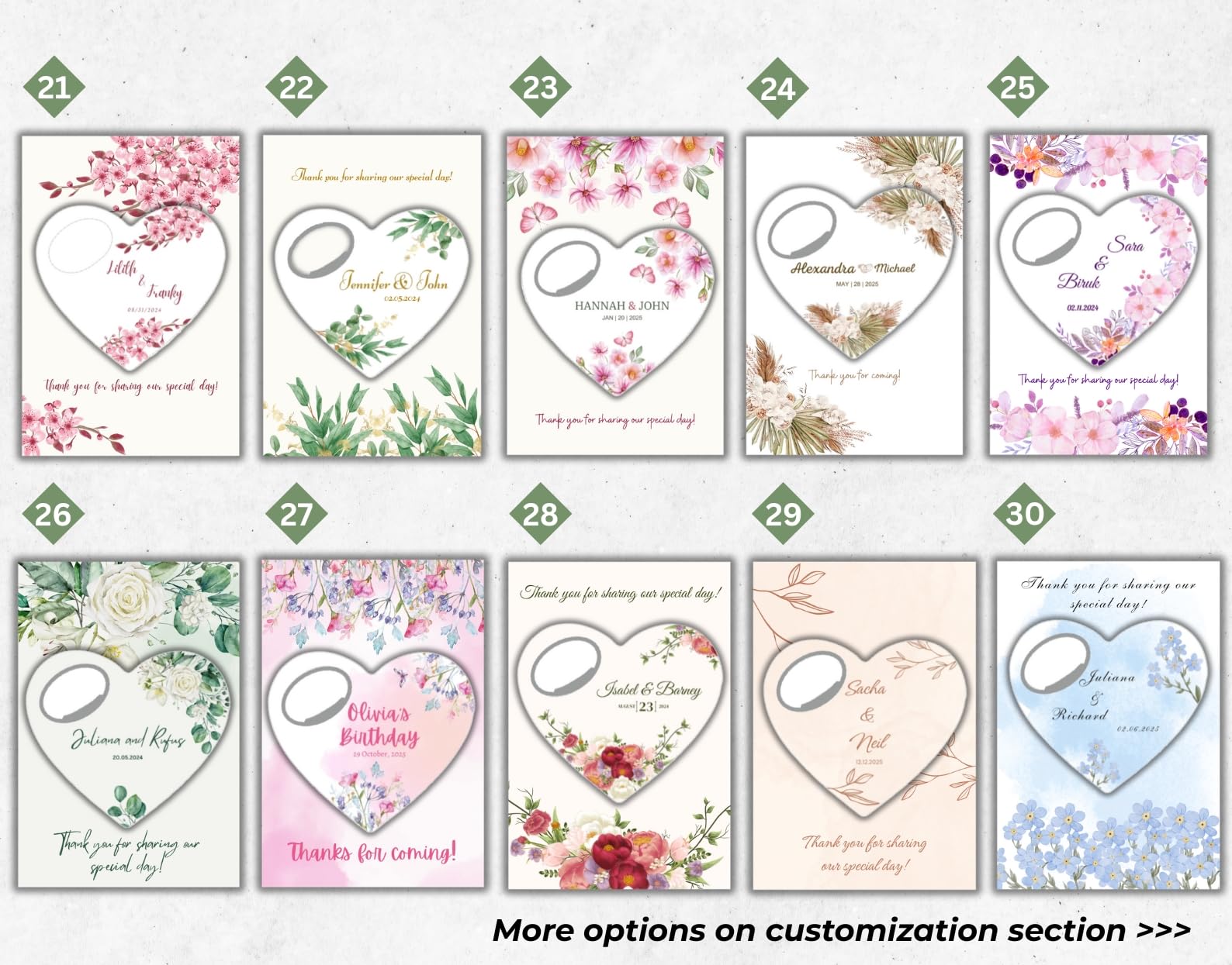 Custom Heart-Shaped Magnet Bottle Opener – Wedding Favor with Thank You Card, Personalized Gift for Guests, Bridal Shower Souvenir with Gift Bag (Pack of 30) (Bottle Opener + Gift Bag)