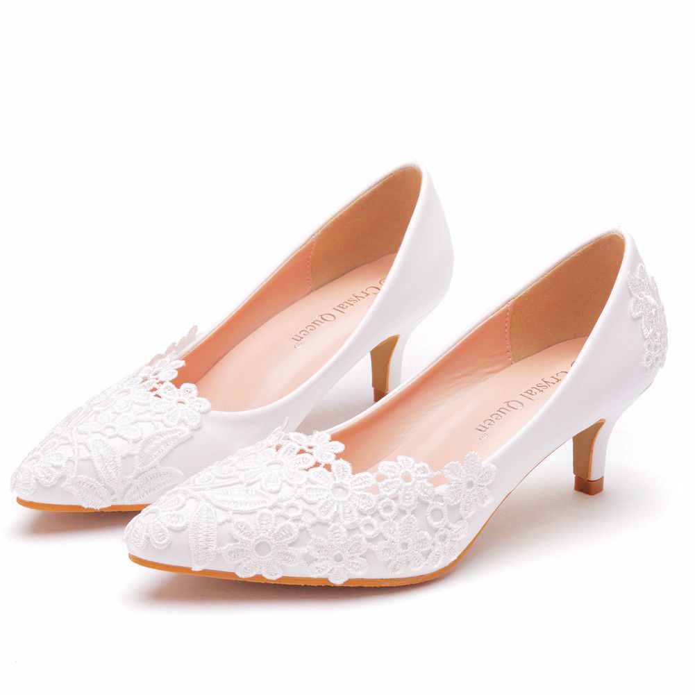 Elegant Simple Lace Flower Wedding Shoes White 5cm High Heel Bridal Shoes