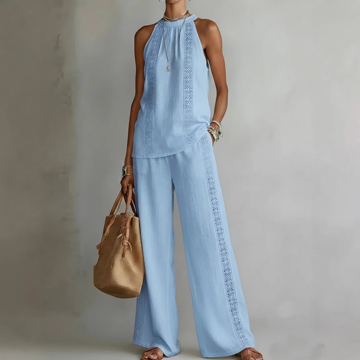 Womens Retro Lace Sleeveless Top And Wide-Leg Pants Two-Piece Set