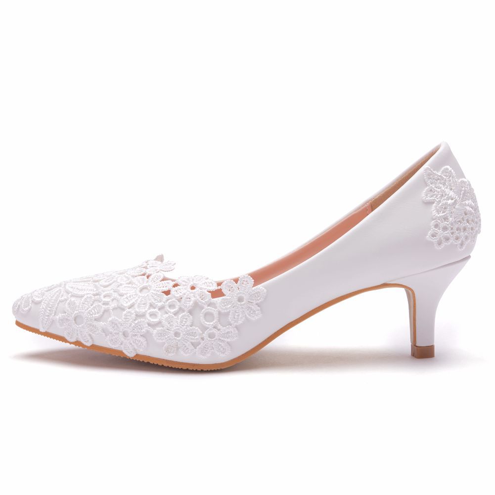 Elegant Simple Lace Flower Wedding Shoes White 5cm High Heel Bridal Shoes