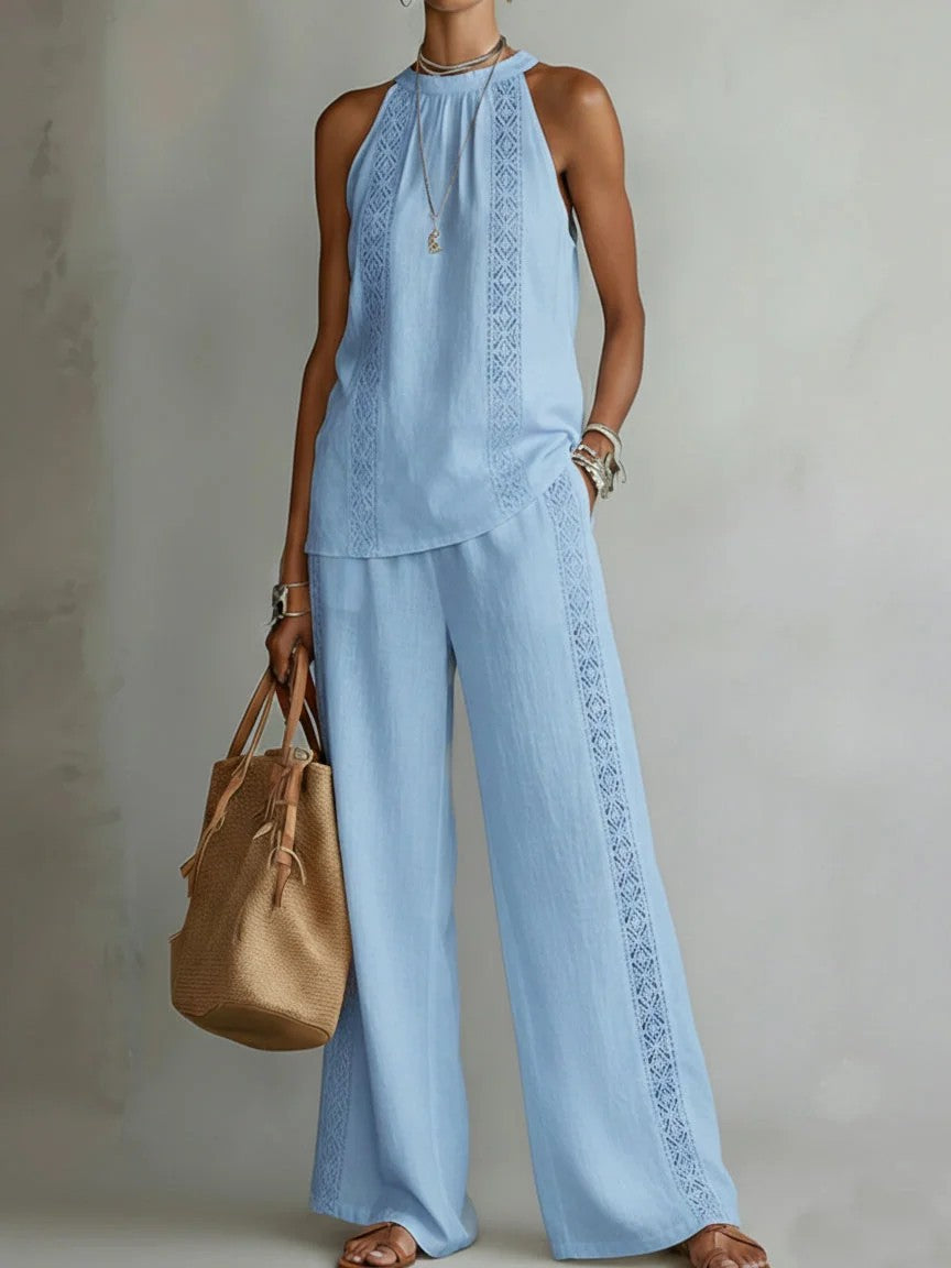 Womens Retro Lace Sleeveless Top And Wide-Leg Pants Two-Piece Set