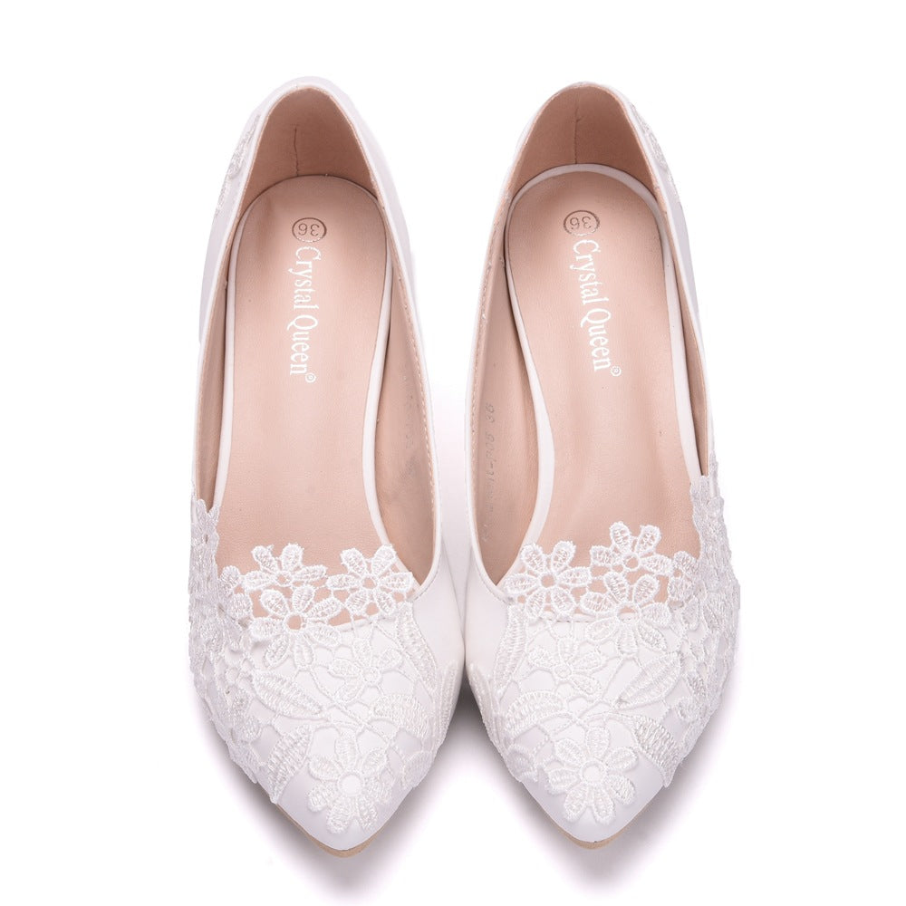 Elegant Simple Lace Flower Wedding Shoes White 5cm High Heel Bridal Shoes