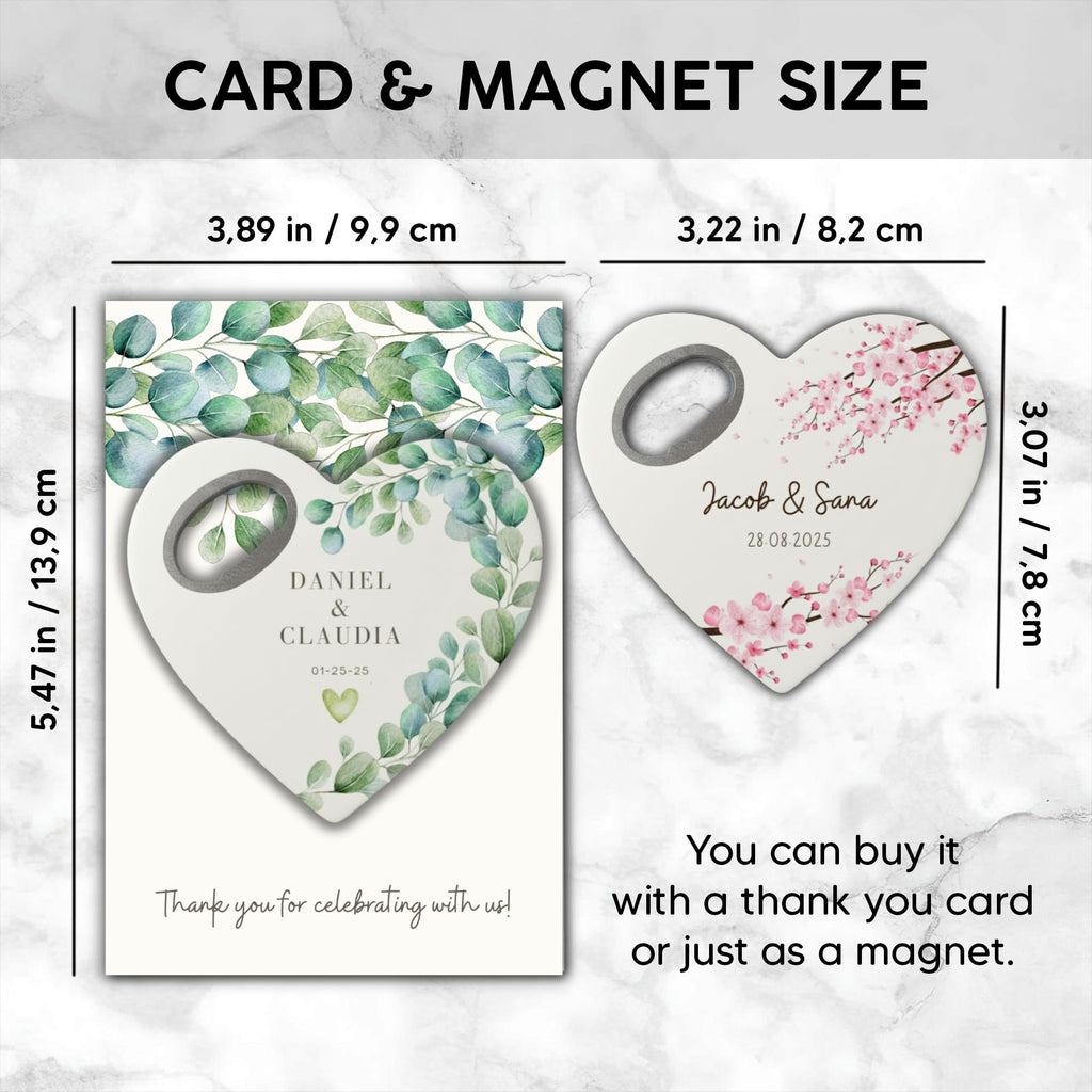Custom Heart-Shaped Magnet Bottle Opener – Wedding Favor with Thank You Card, Personalized Gift for Guests, Bridal Shower Souvenir with Gift Bag (Pack of 30) (Bottle Opener + Gift Bag)