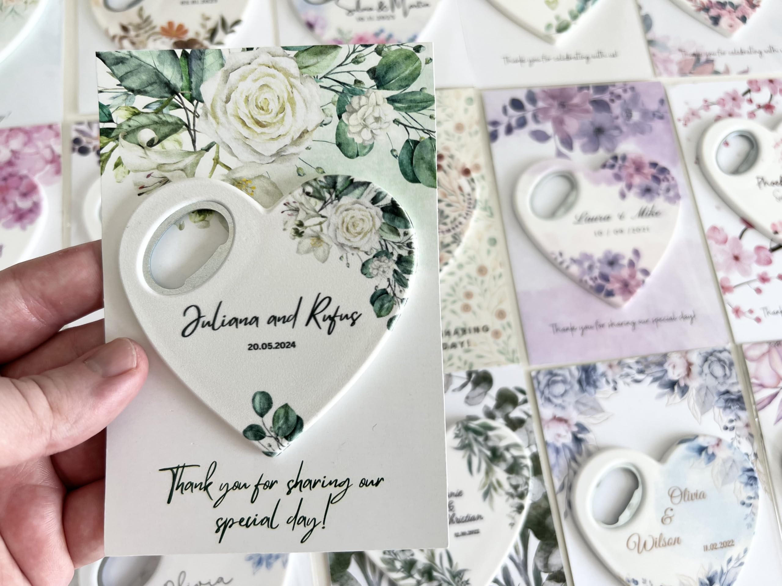 Custom Heart-Shaped Magnet Bottle Opener – Wedding Favor with Thank You Card, Personalized Gift for Guests, Bridal Shower Souvenir with Gift Bag (Pack of 30) (Bottle Opener + Gift Bag)