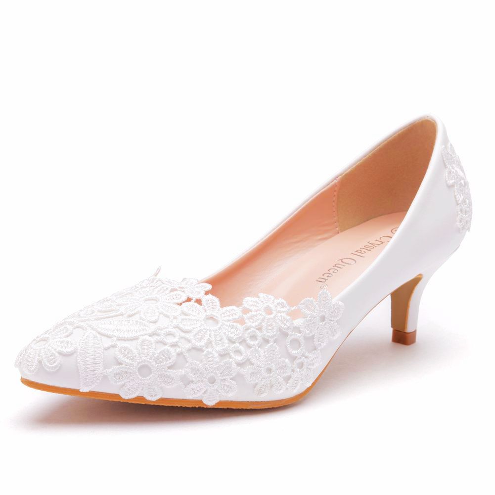 Elegant Simple Lace Flower Wedding Shoes White 5cm High Heel Bridal Shoes