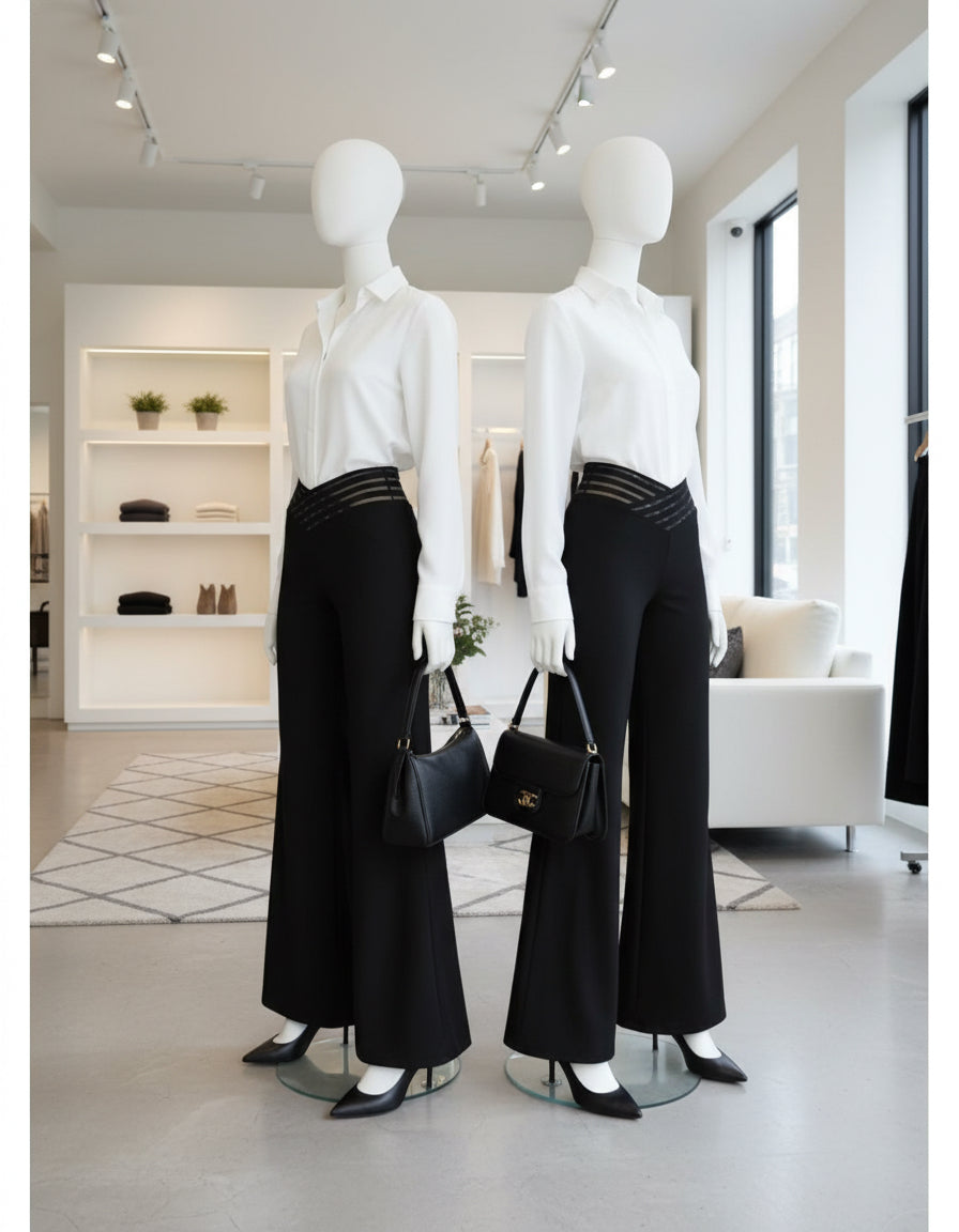 Pantalon Noir Taille Haute à Détails Croisés et Maille Transparente Size XXL - Élégant et Sophistiqué