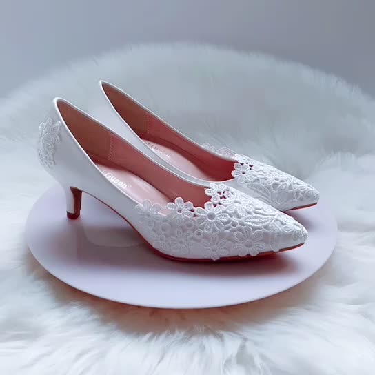 Elegant Simple Lace Flower Wedding Shoes White 5cm High Heel Bridal Shoes