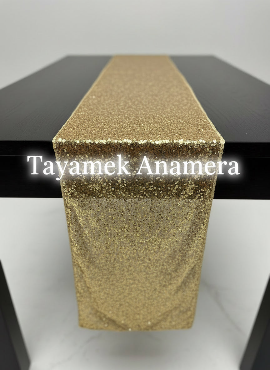 5 Pack Golden Sequin Table Runner 12x108" - Rectangle, Machine Washable - Rental