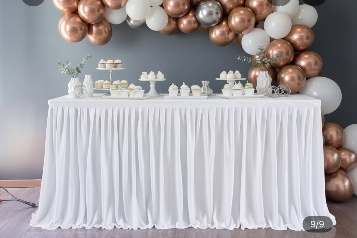 White Table Skirts Rental - Curly Willow Tulle & Pleated with Golden Accents | Elegant Event Decor