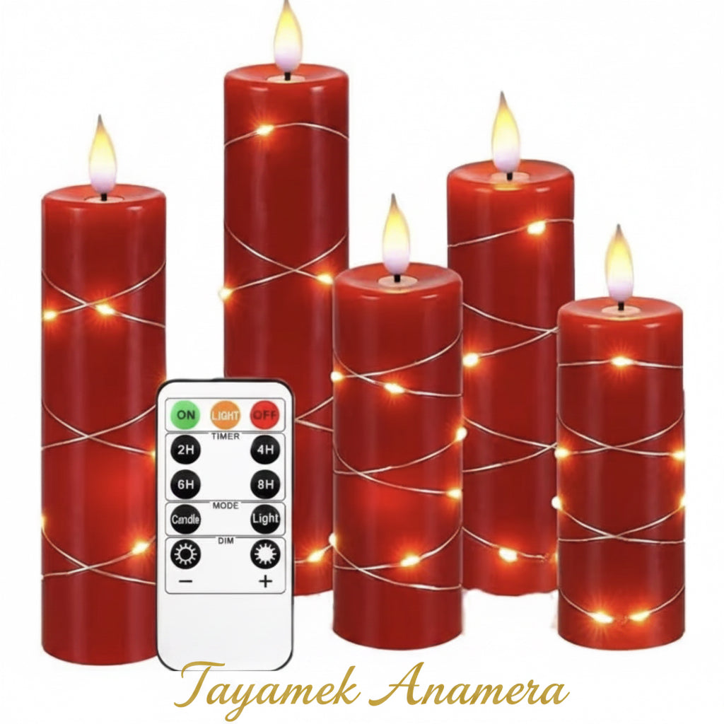 Rental – Red Flickering Flameless Candles with Embedded String Lights | Set of 5