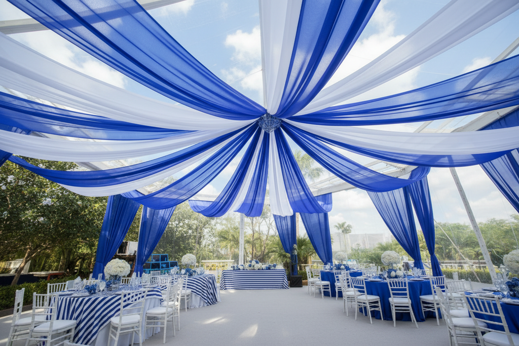 Blue and white striped tulle side view
