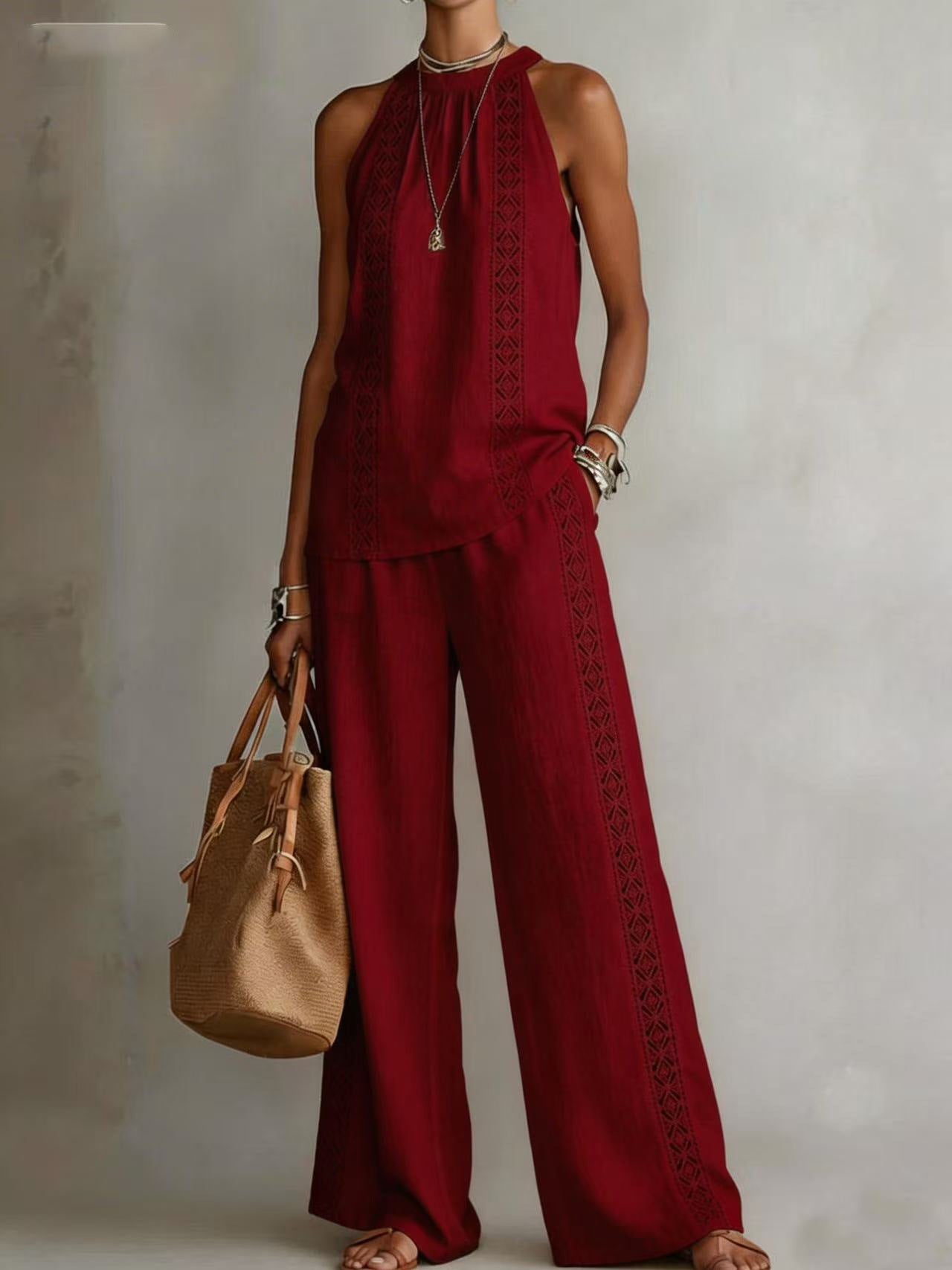Womens Retro Lace Sleeveless Top And Wide-Leg Pants Two-Piece Set