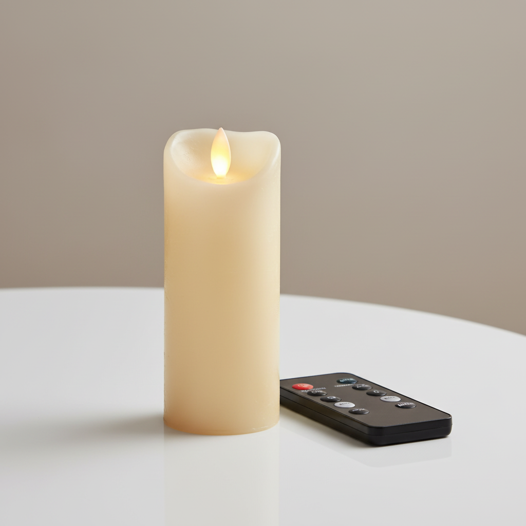 Détail flamme LED et télécommande