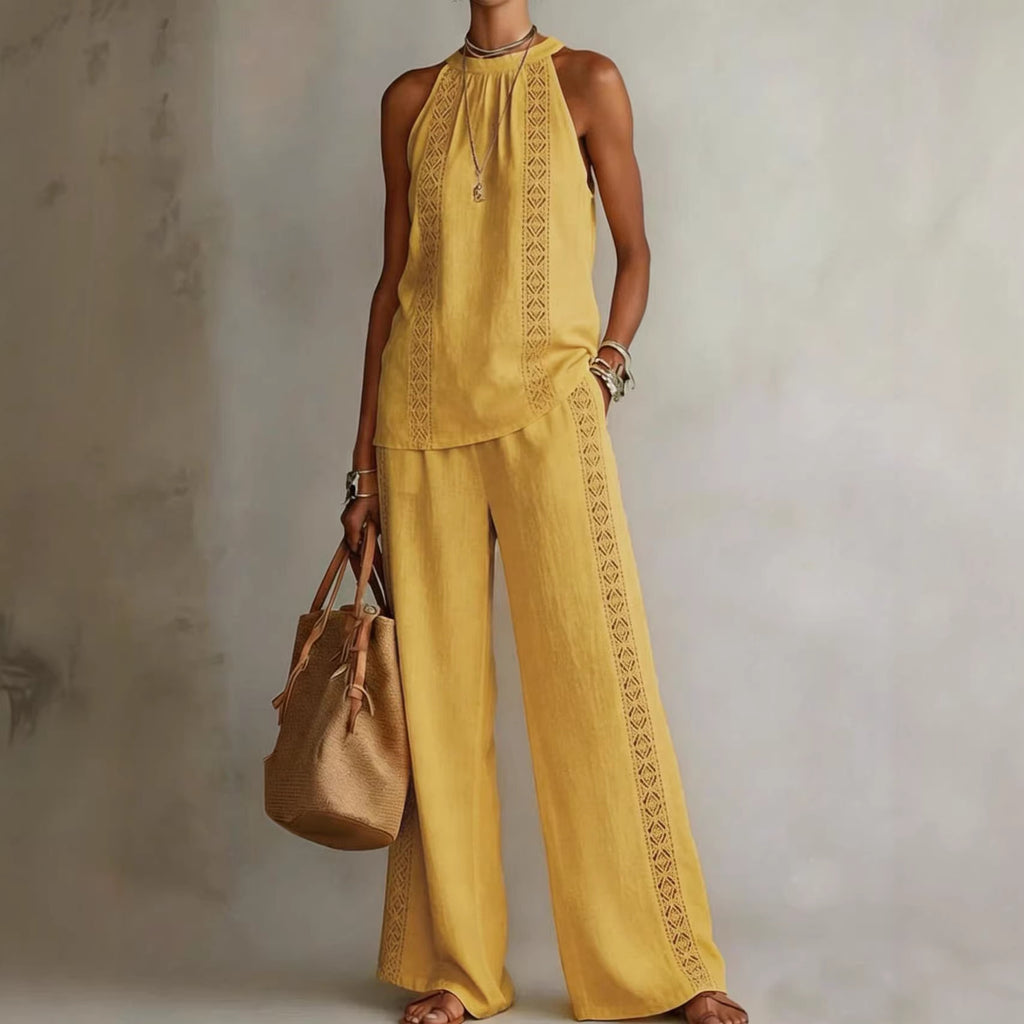 Womens Retro Lace Sleeveless Top And Wide-Leg Pants Two-Piece Set