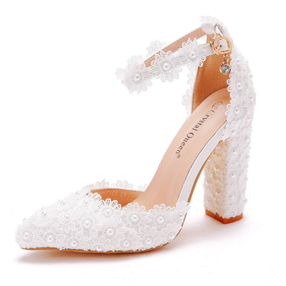 Chunky Heel Pointed Sandals White Wedding Shoes