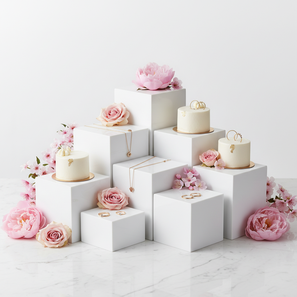 DILIBRA White Acrylic Buffet Risers Set of 6 – FOR RENT | Cube Display Stand 6" 7" 8"