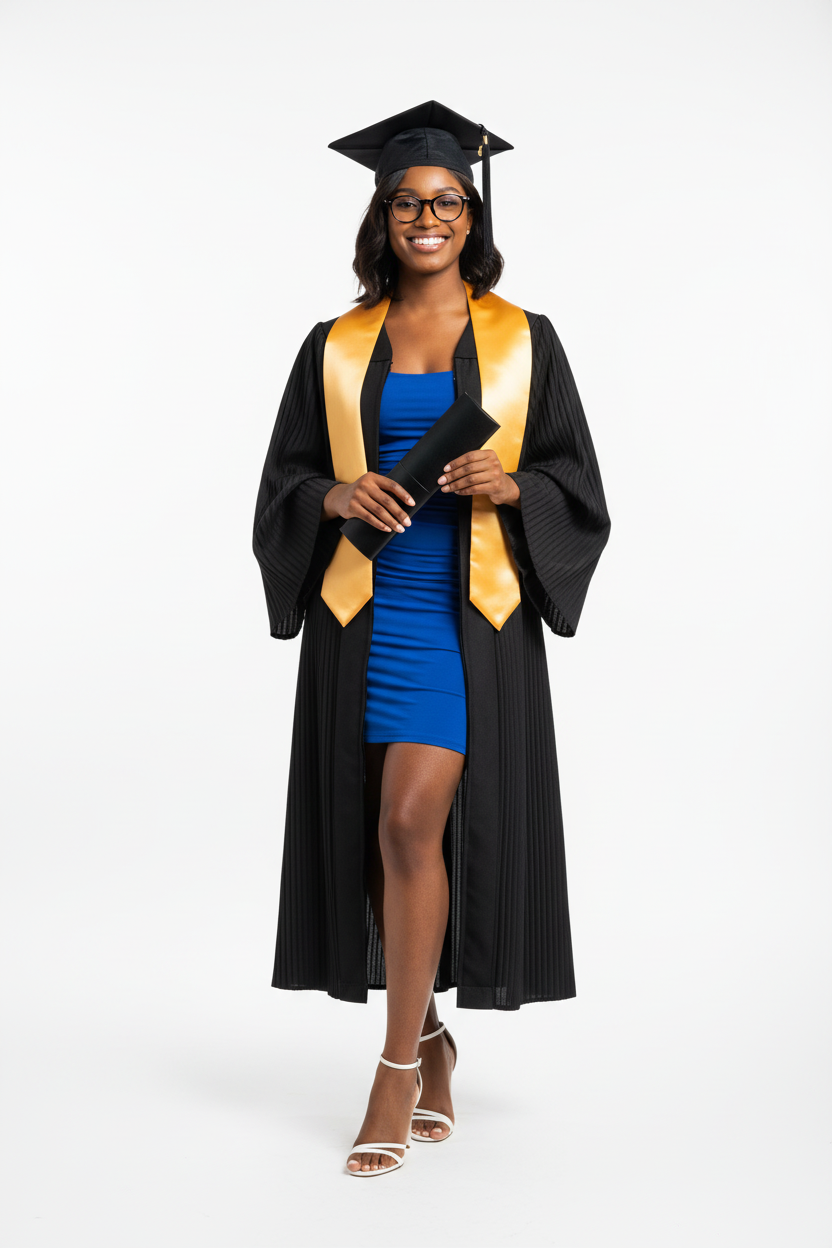 Robe de graduation femme avec étole dorée