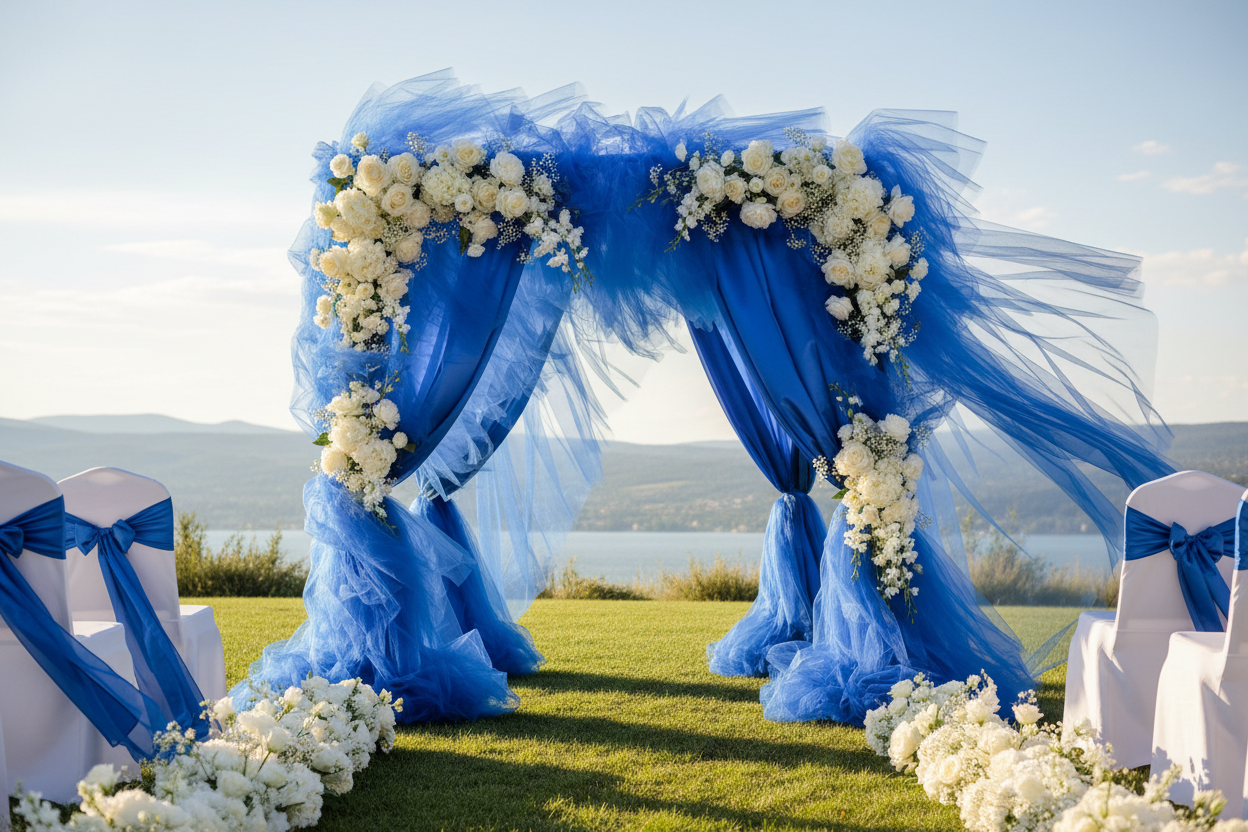 Royal blue tulle with flowers