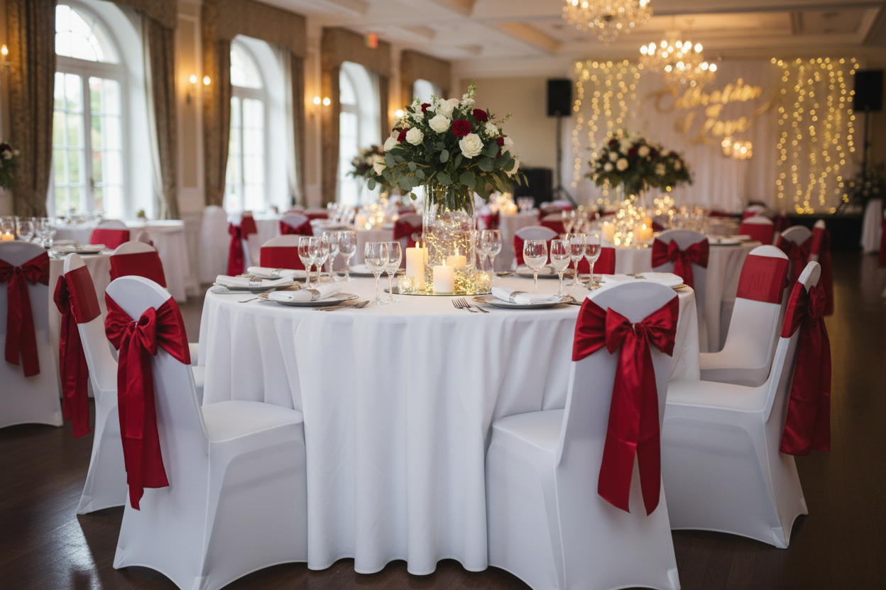 Table avec nappe plastique blanche et chaises décorées de rubans rouges