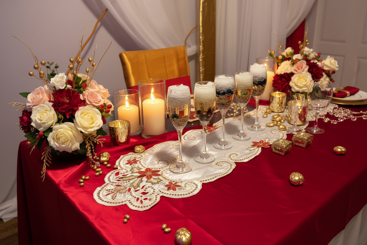 Table décorée avec 10 verres à champagne et nom Tayamek Anamera