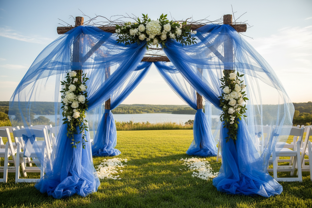 Wedding arch with royal blue tulle